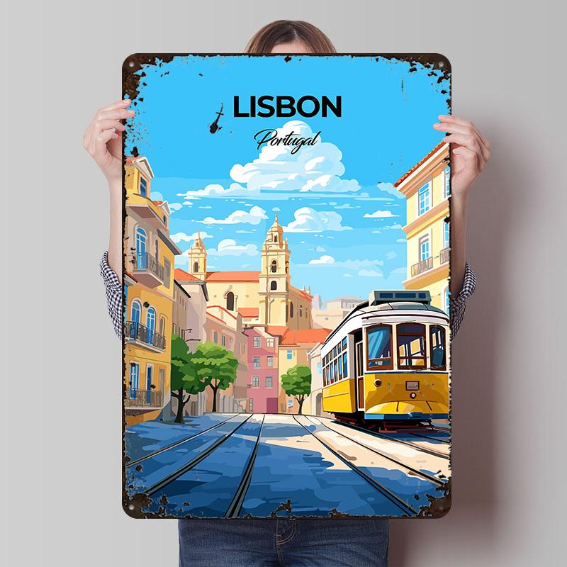 Lisbon Portugal Tram Printed Poster Customized Wall Art Retro Vintage Metal Tin Signs for Room Decoration Home Decor Items House 20x30cm(7.8x11.8inch)