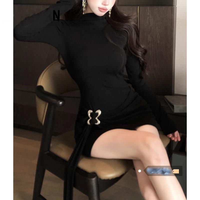 Elegantes schwarzes Bodycon-Kleid - Damen Sexy Langarm Semi-High Neck Taillenbetont Minirock für Herbst/Winter