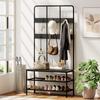 3-in-1 Hallway Coat Rack with 6 Hooks and Shoe Rack Bench, 91x36x180cm, Black