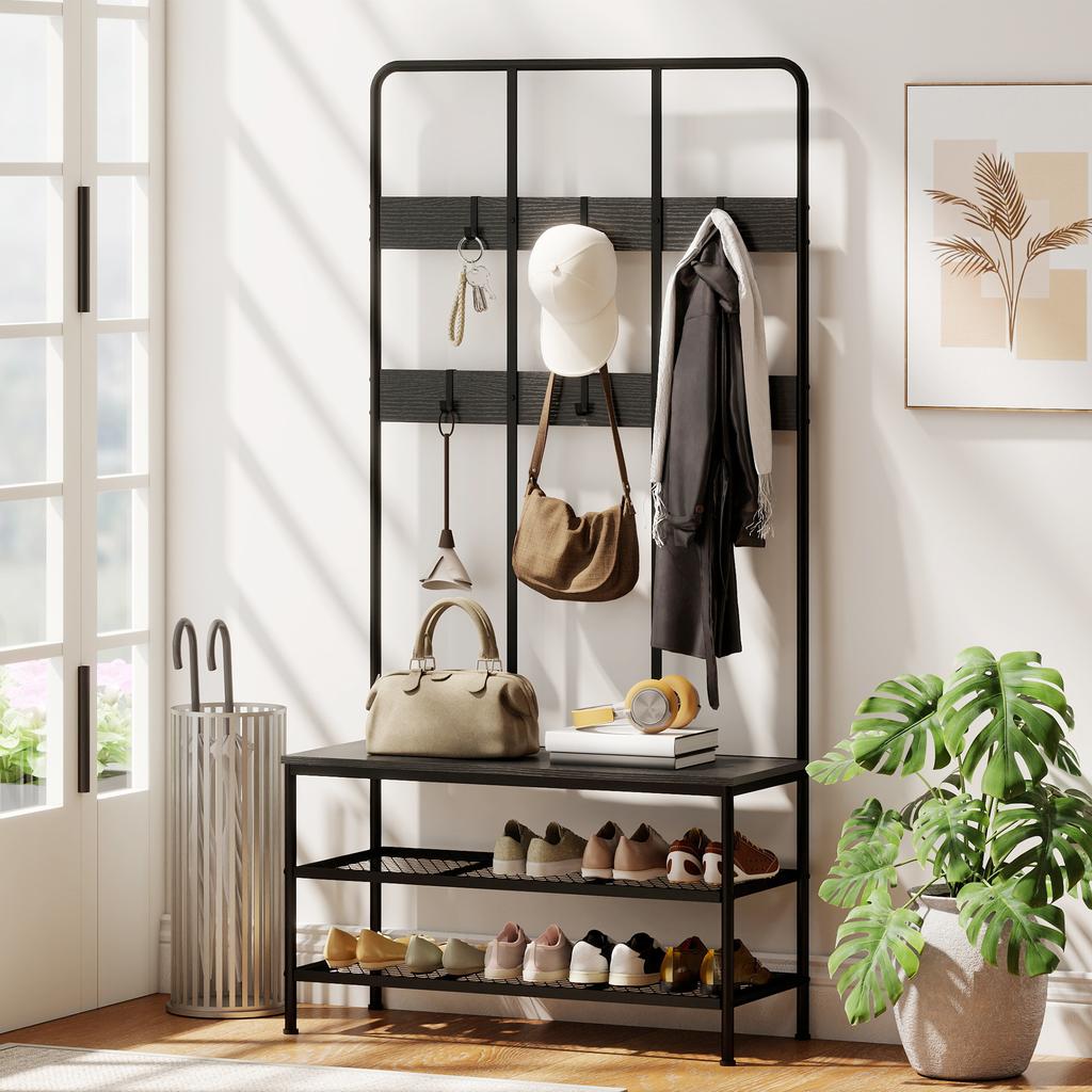 3-in-1 Hallway Coat Rack with 6 Hooks and Shoe Rack Bench, 91x36x180cm, Black