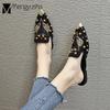 Fashion 2024 Crystal Fox Slippers Women Rivets Mules Ladies Flats Slides Slip On Loafers Metal Pointed Toe Flipflops Rhinestone Shoes