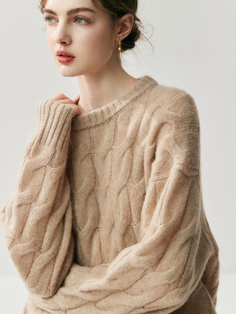 Women's Heavyweight Cable Knit Cashmere Pullover - Fall/Winter Long Sleeve Round Neck Sweater