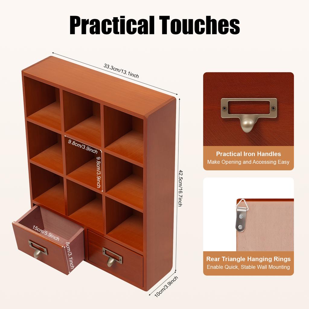 Retro Style Wooden Display Shelf Pine Plywood Storage Cabinet 9 Compartments with Drawers for Bedroom Office Decor