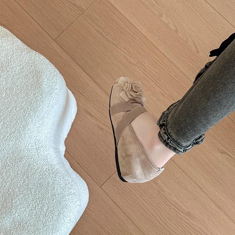 Vintage Camellia Flower Mary Jane Single Shoes Ladies Summer Fashion Versatile Cross Elastic Ballet Shoes