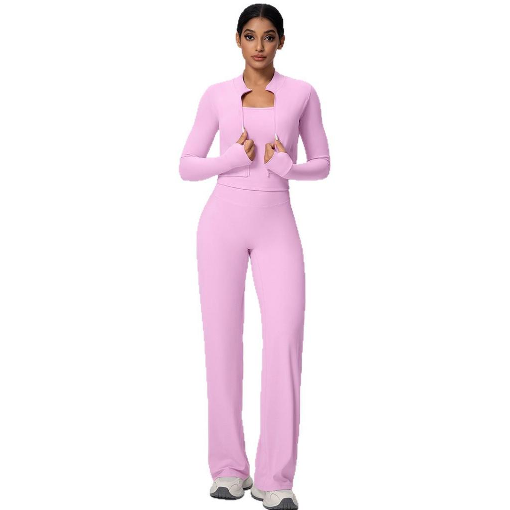 Women's High-Waisted Yoga Set: I-Beam Vest, Wide-Leg Pants, Skin-Friendly Sports Zipper Jacket