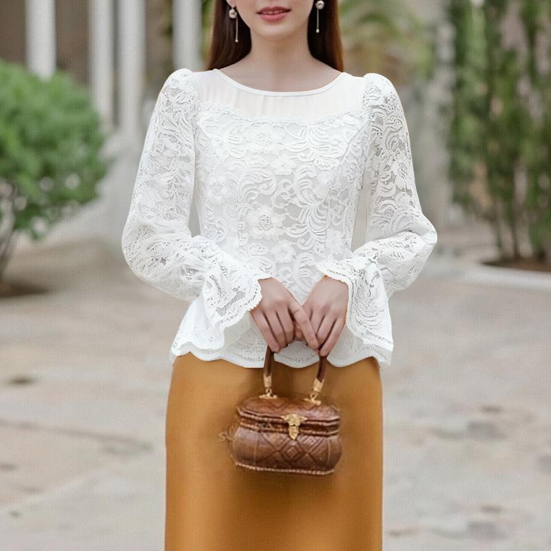 

ZANZEA Womens Casual Round Neck Long Sleeve Patchwork Lace Blouse M білий