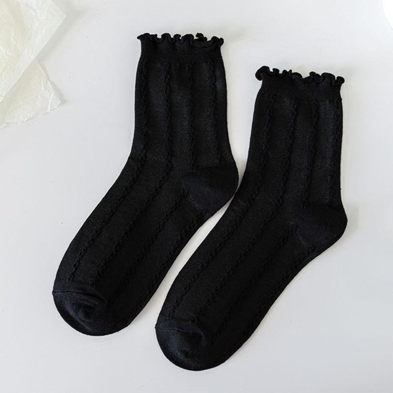 JK Girl Ruffle Lace Trim Cotton Ankle Socks Jacquard Knit Frilly Socks for Women