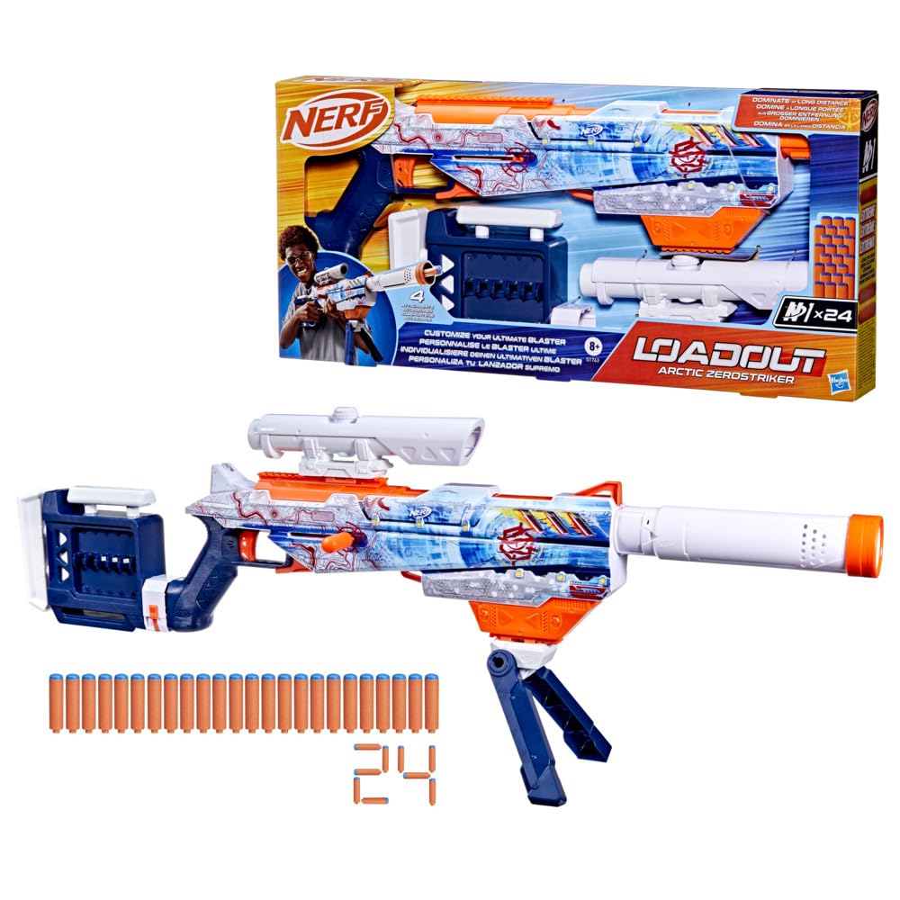 Hasbro Nerf Loadout Arctic Zero Striker Blaster with 4 Interchangeable 24 N1 and a Toy Gift for Ages Authentic Accessories, Darts, 6-Dart Built-in