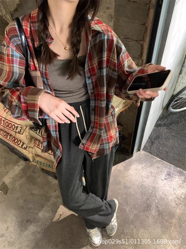 Women's American Design Retro Plaid Shirt Jacket - Loose Casual Spring Long Sleeve Top
