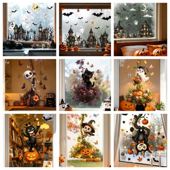 Black Cat Window Art Halloween Static Sticker, Ghost Castle Print Decals, Waterproof Wall Murals PVC Cling for Home Holiday Party Supplies