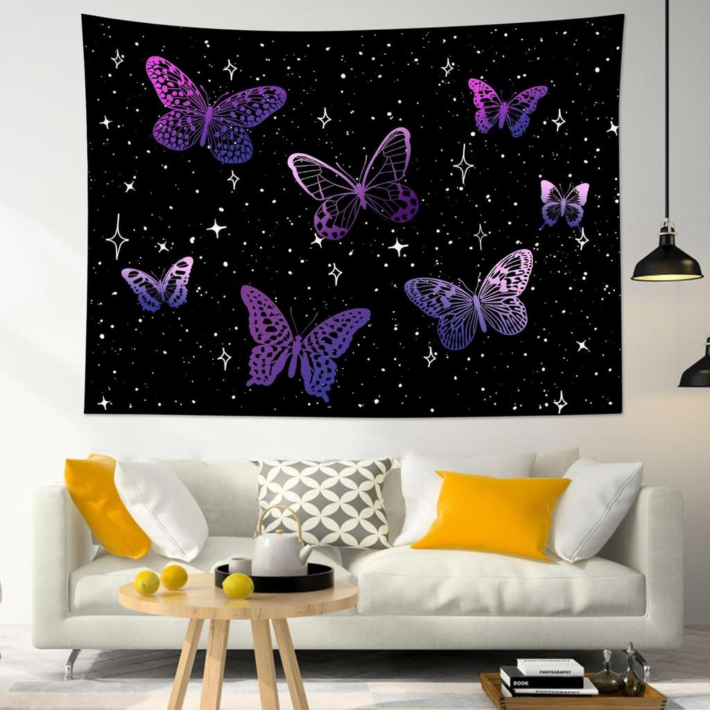Purple Butterfly Tapestry Wall Hanging Black Starry Night Sky with Celestial Galaxy Wall Tapestry Bohemian Wall Decor Bedroom