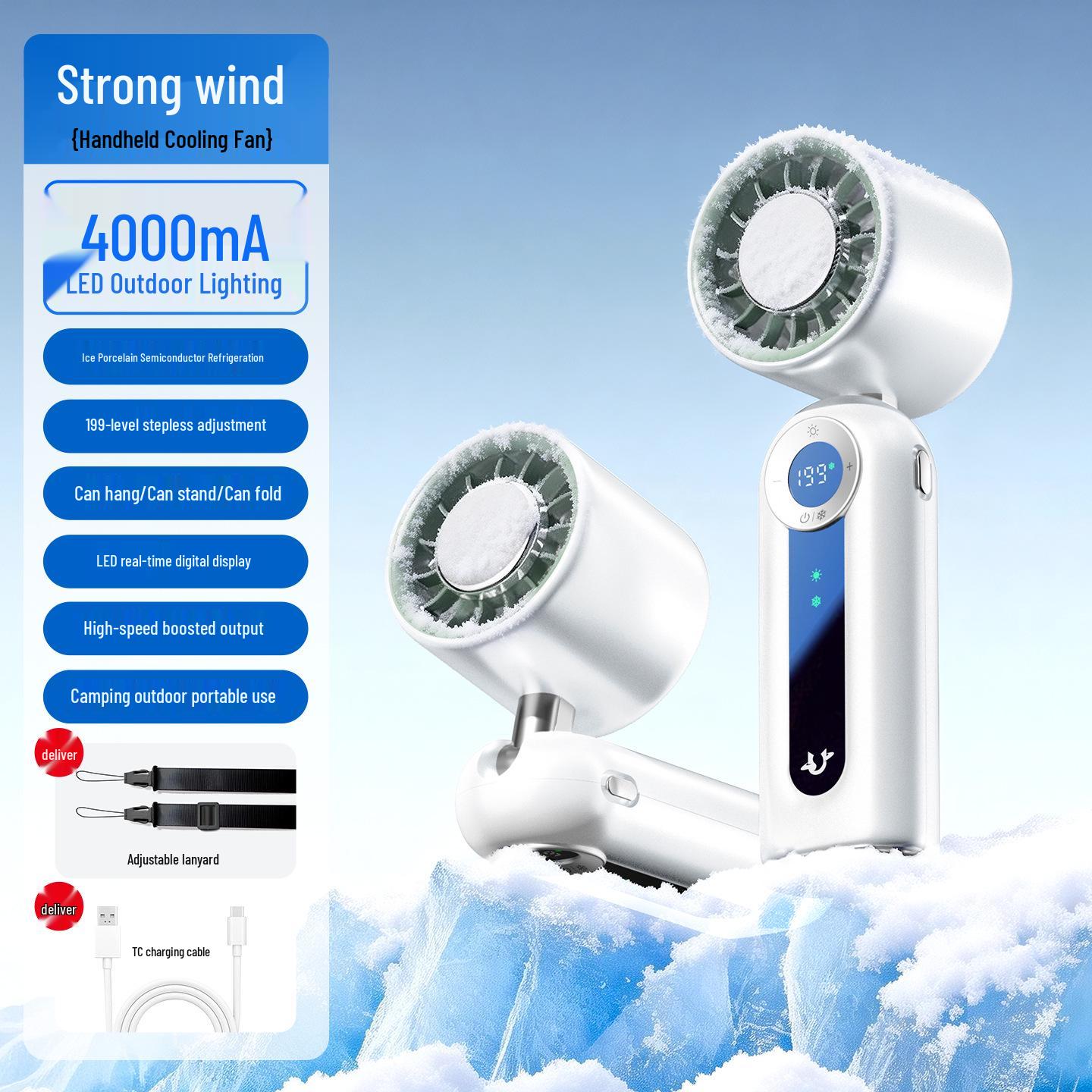 Handheld Foldable Neck Hanging Mini Fan with Semiconductor Cooling and USB-Powered Turbine. 60*54.4*182.8mm