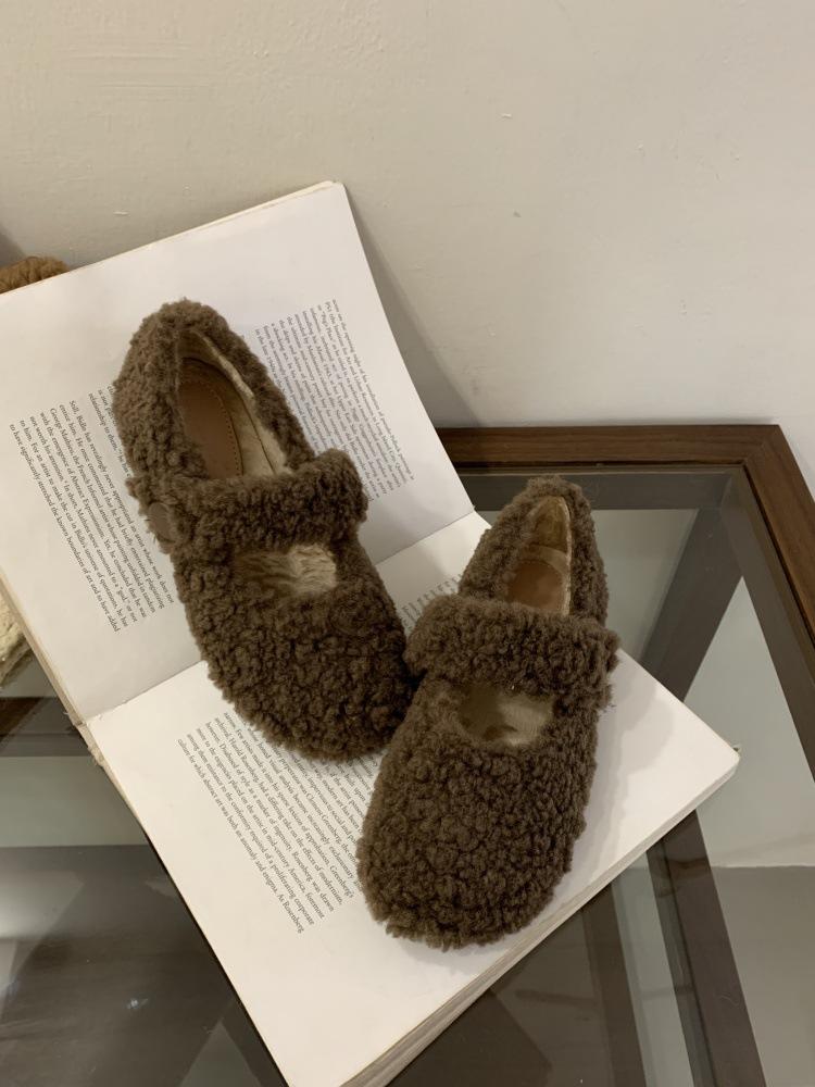 

Туфли Мэри Джейн с круглым носком из овечьей шерсти, плюшевые шерстяные туфли, женская зимняя плоская хлопковая обувь 40 темно-коричневого