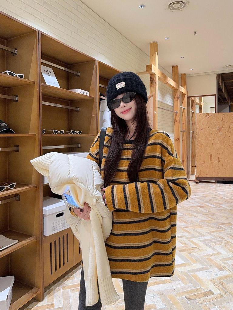 Lazy Style Color Block Striped Round Neck Long Sleeve Sweater for Women - Autumn/Winter Loose Fit, Slimming, Versatile