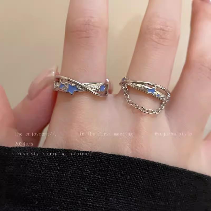 Glazed Chain Star-shaped Opening Ring for Women, Sweet and Cool Style, Five-pointed Star Ring for Index Finger, Design-inspired Finger Ring