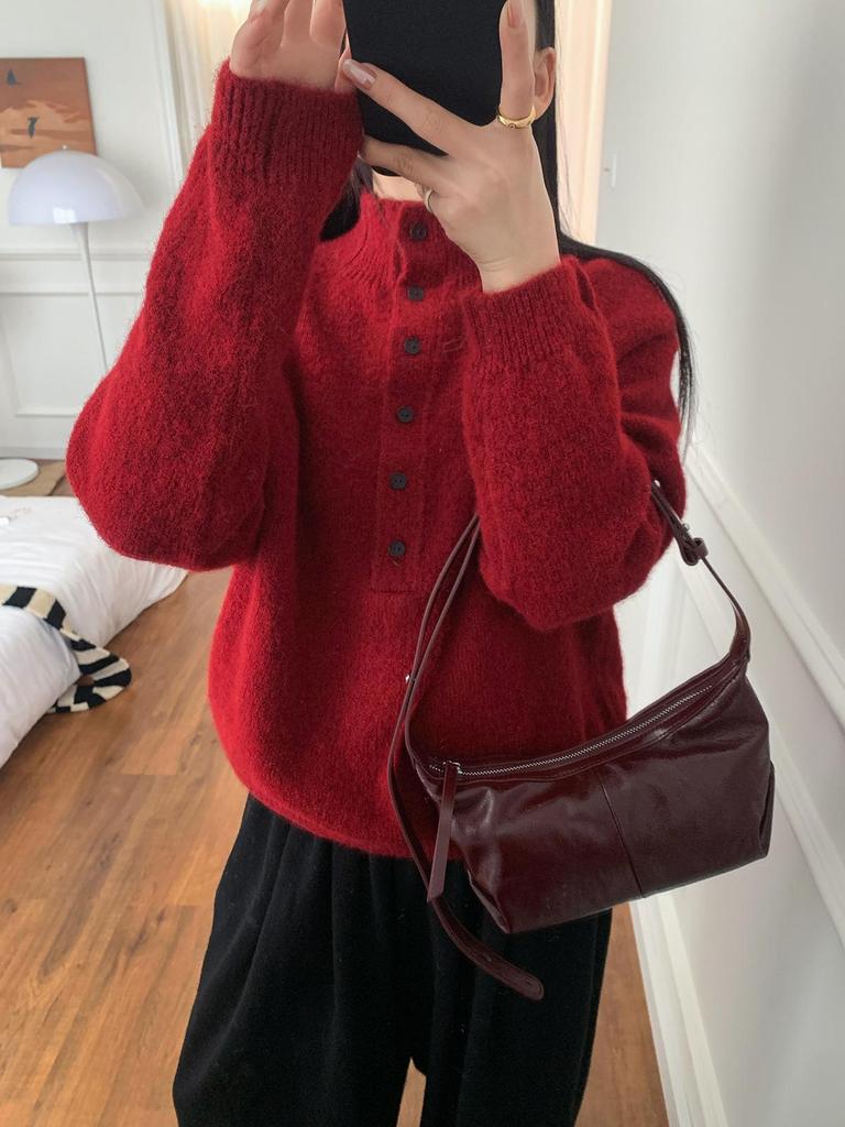 Cor24 Women's Red Baby Alpaca Wool Pullover - Soft, Warm, Long-Sleeved Half-Collar Sweater for Autumn & Winter