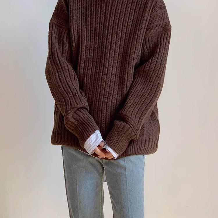 

Мужской вязаный свитер с круглым вырезом в стиле ретро, однотонная базовая футболка, повседневный свитер XXL кофейный