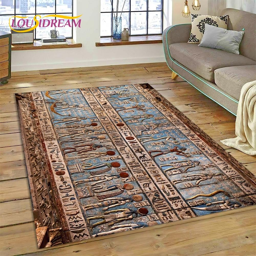 3D Pharaoh Hieroglyphic Egyptian Mythology HD Rug Carpet for Living Room Bedroom Home Decor,Non-slip Decoration for Sofa Doormat