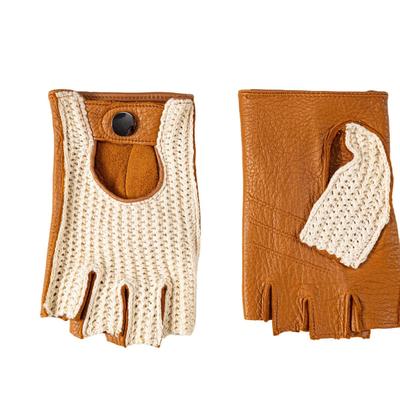NappaNovum Deerskin Leather Crochet Driving Large Cord-Back Gloves, Camel,