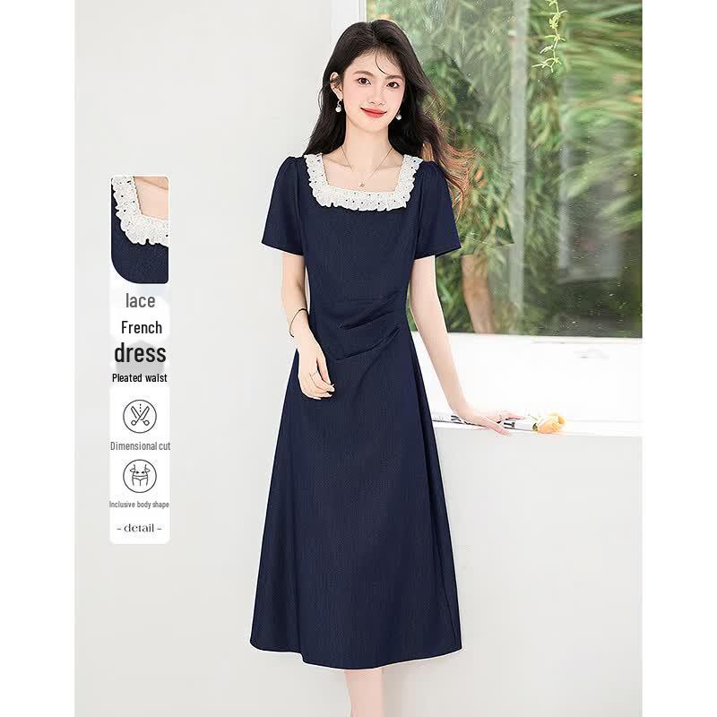 Elegant Square Neck Pleated Midi Dress M