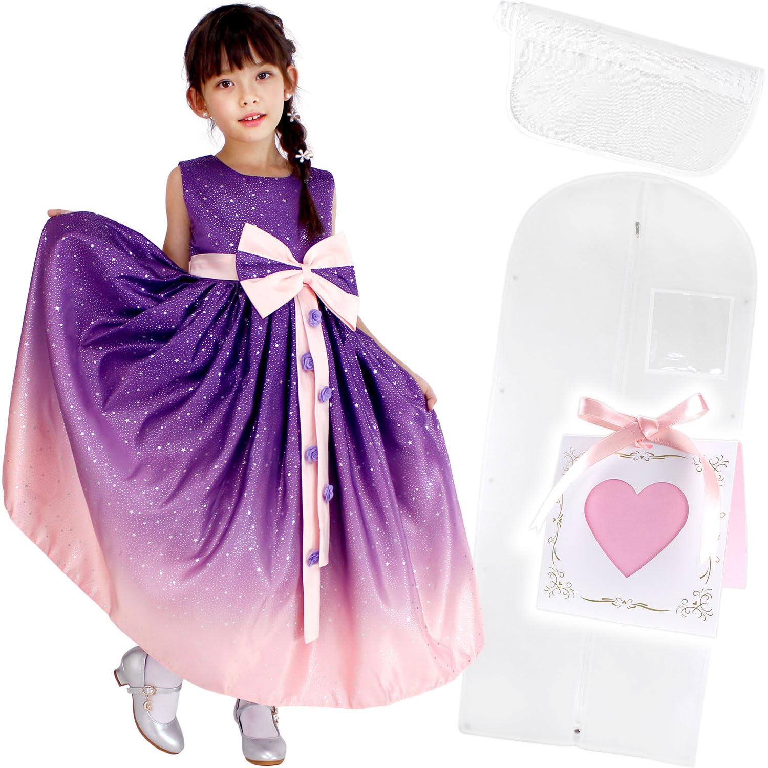 

Reussite Dress for Dress and Message Dress Purple Kids Recitals/Includes Patch, Cover, Card/Gradient (120, & Pink)