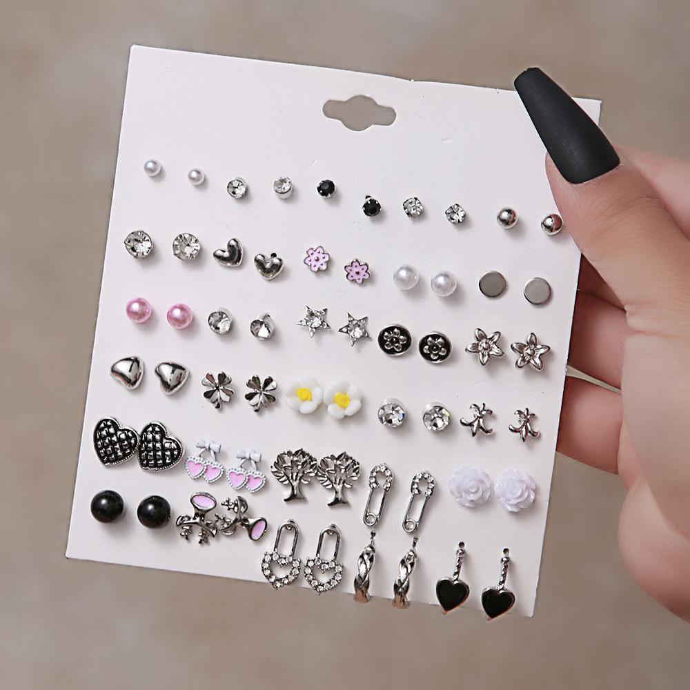 New Korean Version Fashion Pearl Diamond Earrings 10 Pairs of Simple and Small Flower Stud Earrings Combination Set