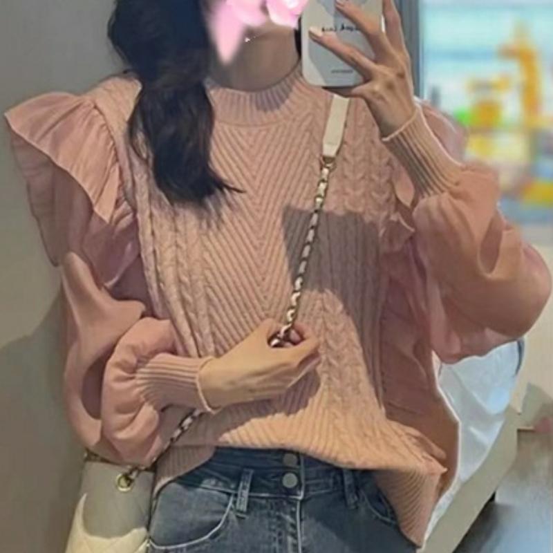 

GMXIA Осенне-зимний женский свитер в стиле пэчворк с круглым вырезом, милый однотонный трикотажный топ One size розовый