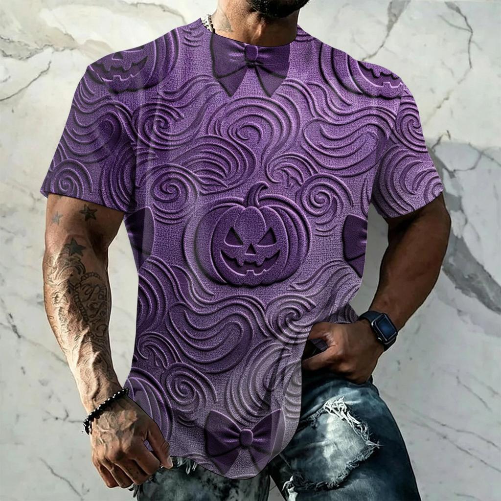 Men's Halloween Vintage Short Sleeve T Shirt Loose Breathable Summer Sports Streetwear Casual Daily Top with Pumpkin and Bat Print