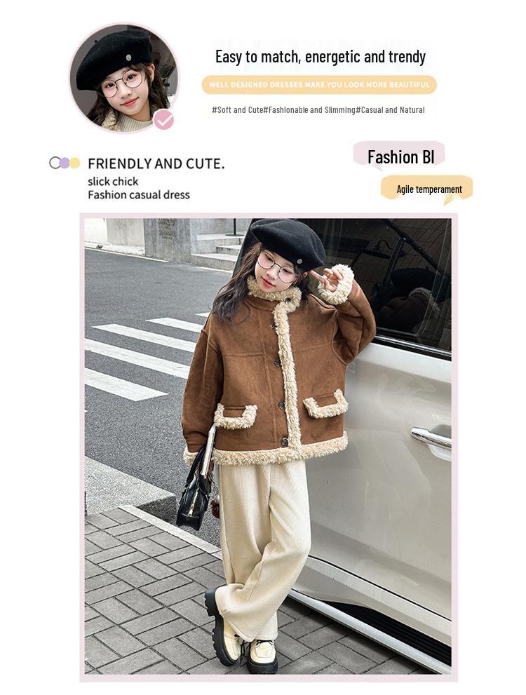 Girls' Fashionable Faux Fur and Leather One-Piece Winter Coat with Cotton-Padded Jacket for Autumn 2025