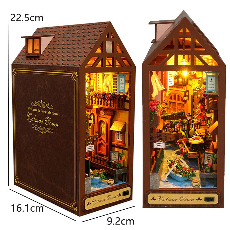 DIY Book Nook Kit Miniature DollHouse 3D Wooden Puzzle Home Decoration Bookshelf Bookend With LED Light Toy For Christmas Gifts