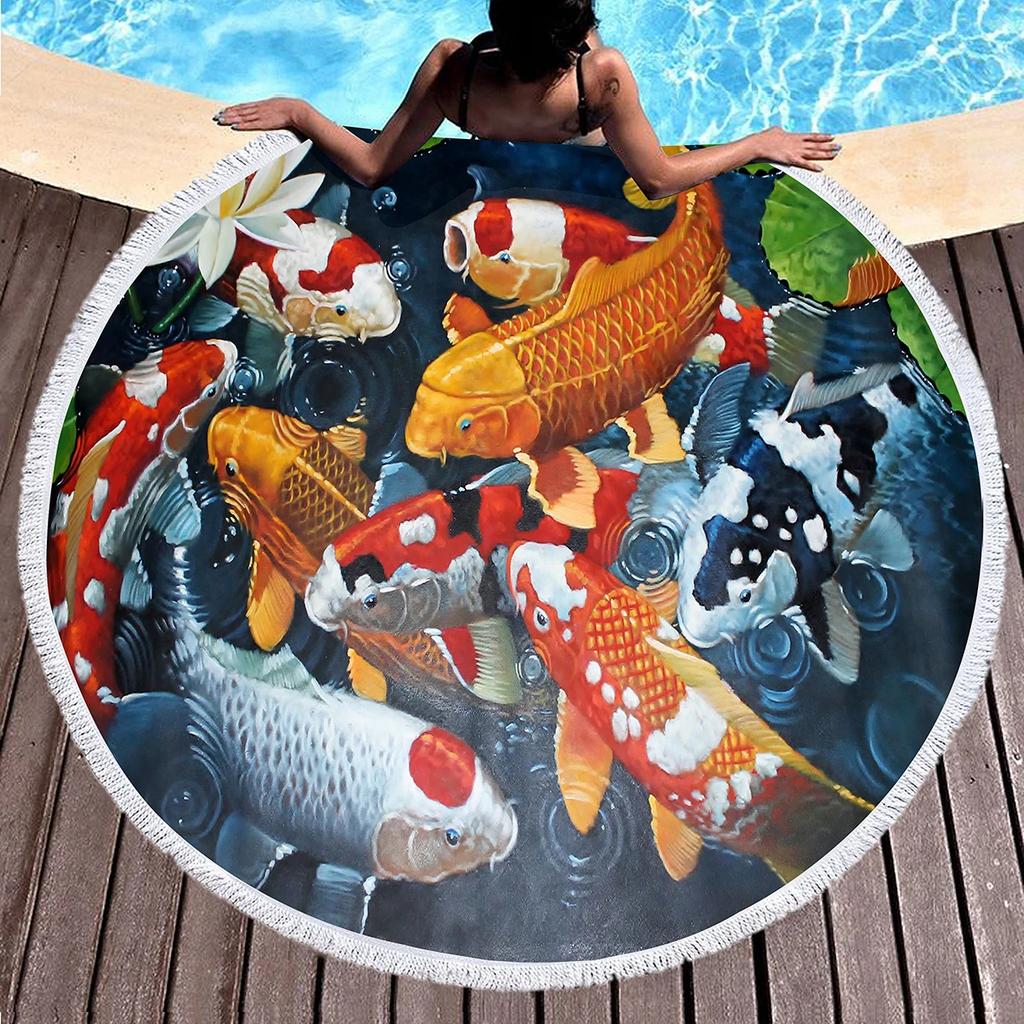 Koi Fish Round Beach Towel Soft Sand Free Quick Dry Circle Bath Towel Absorbent Meditation Rug Yoga Mat Throw Fringe Tapestry