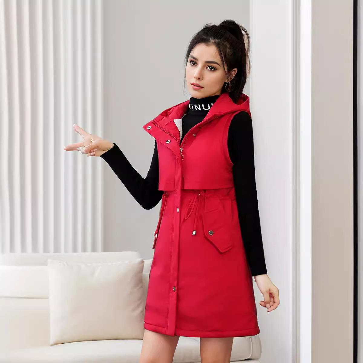 

GMXIA Женские винтажные повседневные однотонные принтованные куртки и пальто без рукавов с капюшоном на осень-зиму XXXXL красный