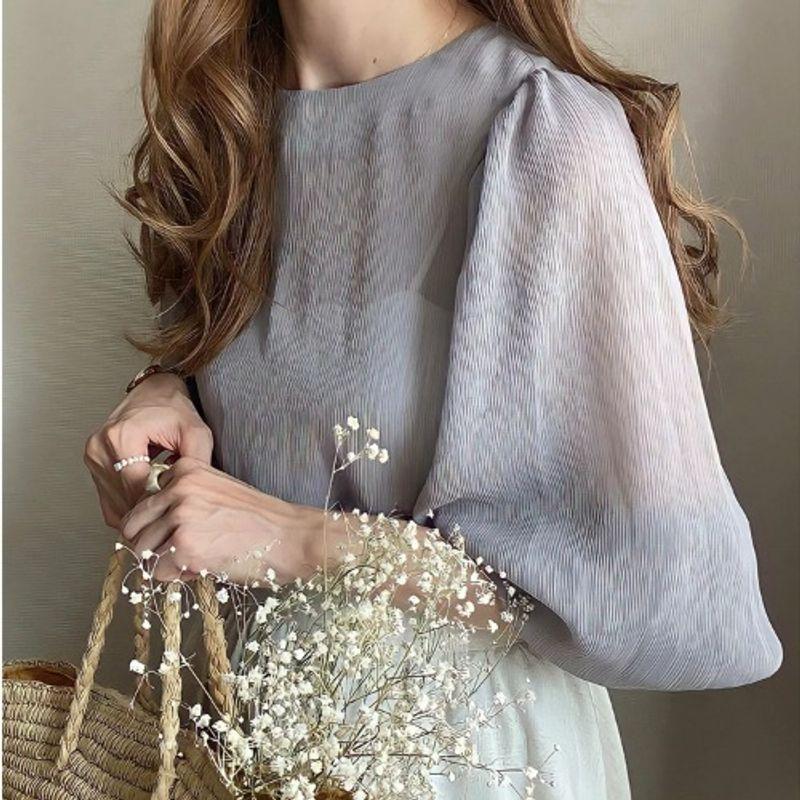 

Sweet South Korea Fashion round Neck See-through Pink Loose Lantern Long Sleeve Chiffon Shirt Sun Protection Clothing Seaside Beach Cover-up Sky Blue XL