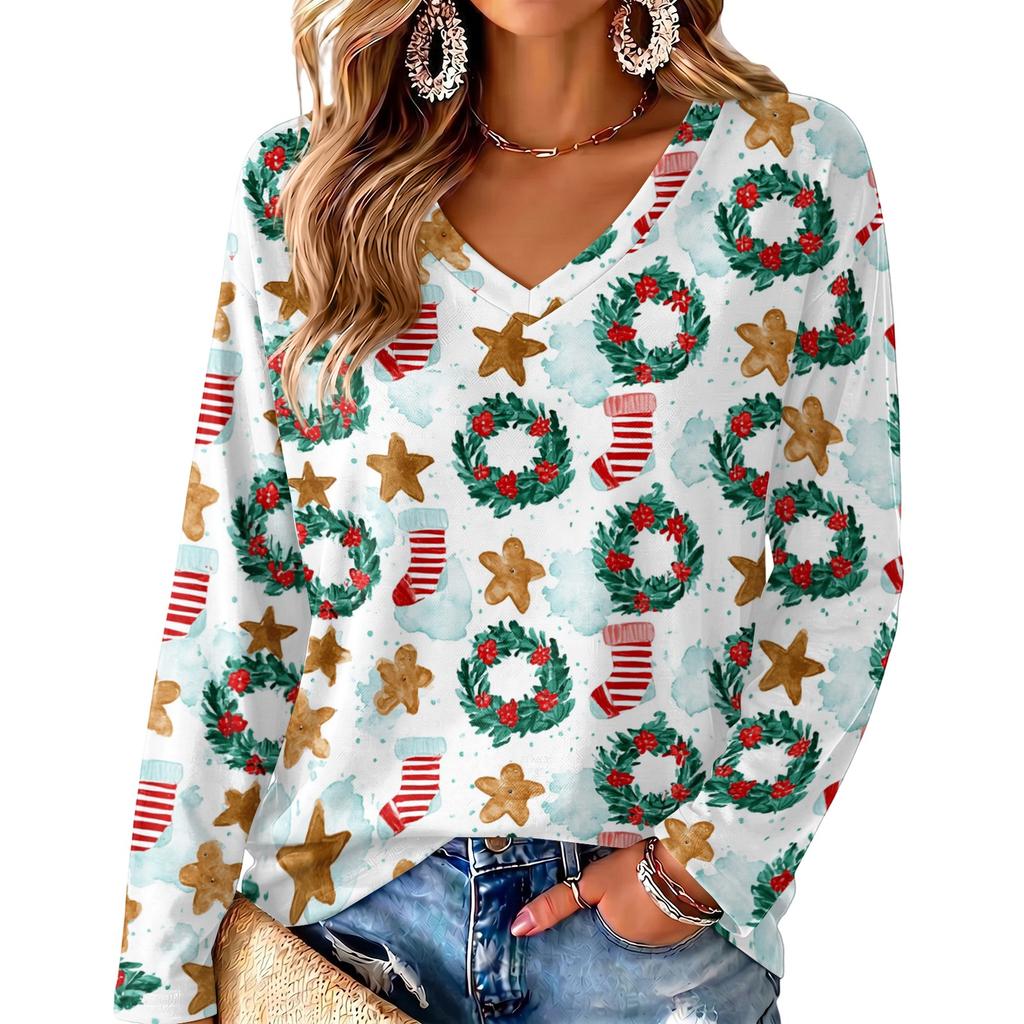 Women's V-Neck Long Sleeve Lightweight Top with Christmas Print for Spring and Summer