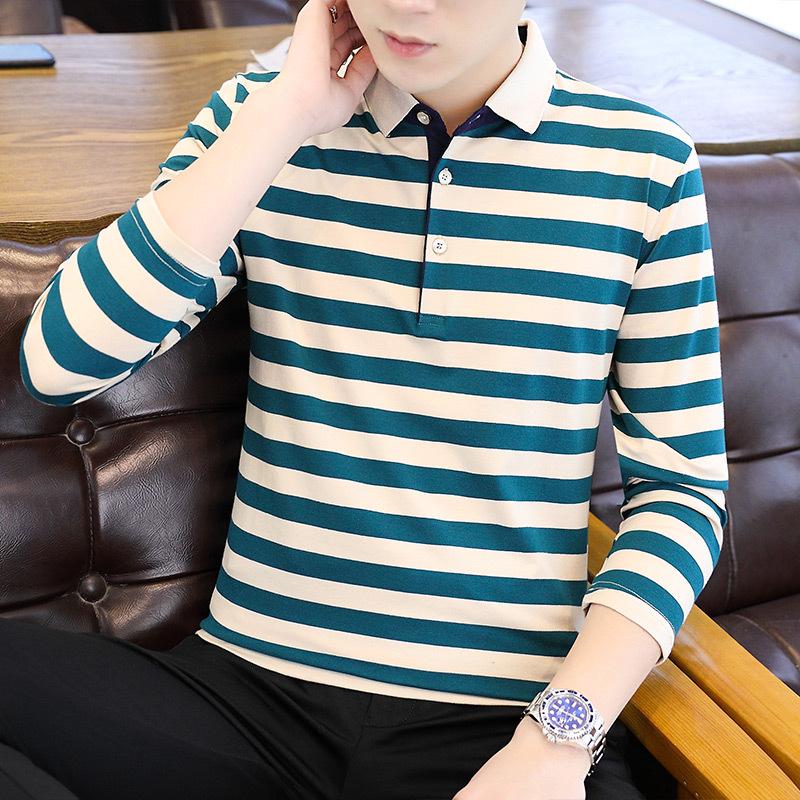 

Мужская рубашка поло с длинным рукавом, футболка в корейском стиле с лацканами, хлопковая полосатая футболка XXXL зелёный