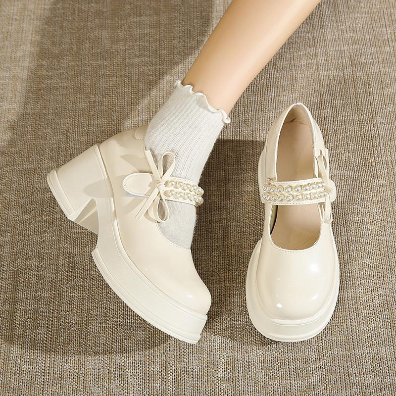 Fashion Vintage High Heels Mary Jane Shoes for Women 2025 Patent Leather Platform Pumps Woman Pearls Thick-Heeled Shoes Female