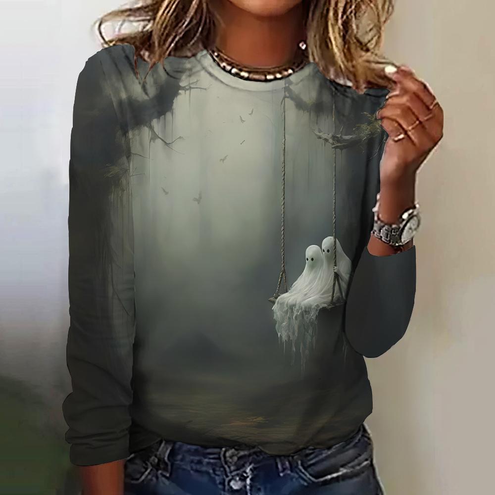Family Of Ghosts Pattern Print Funny Women's T-shirt Halloween 2024 New Long Sleeves T Shirt Tops Fashion Y2K Clothes Streetwear