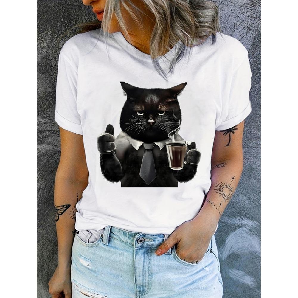 Cat T-Shirt Foodie Lover T Shirts Black Cat Noodle T-Shirts Retro Casual Short Sleeve Tshirt for Men Women Clothes T Shirt Women