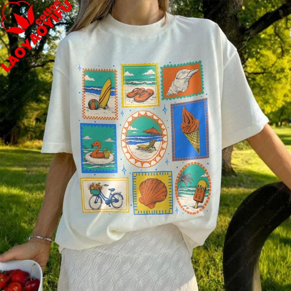 

Vintage Beach Summer Shirt Coastal Vacation Tee for Women Beachy Graphic Clothes Women Tees Retro Stamp Sea Lovers Tops S