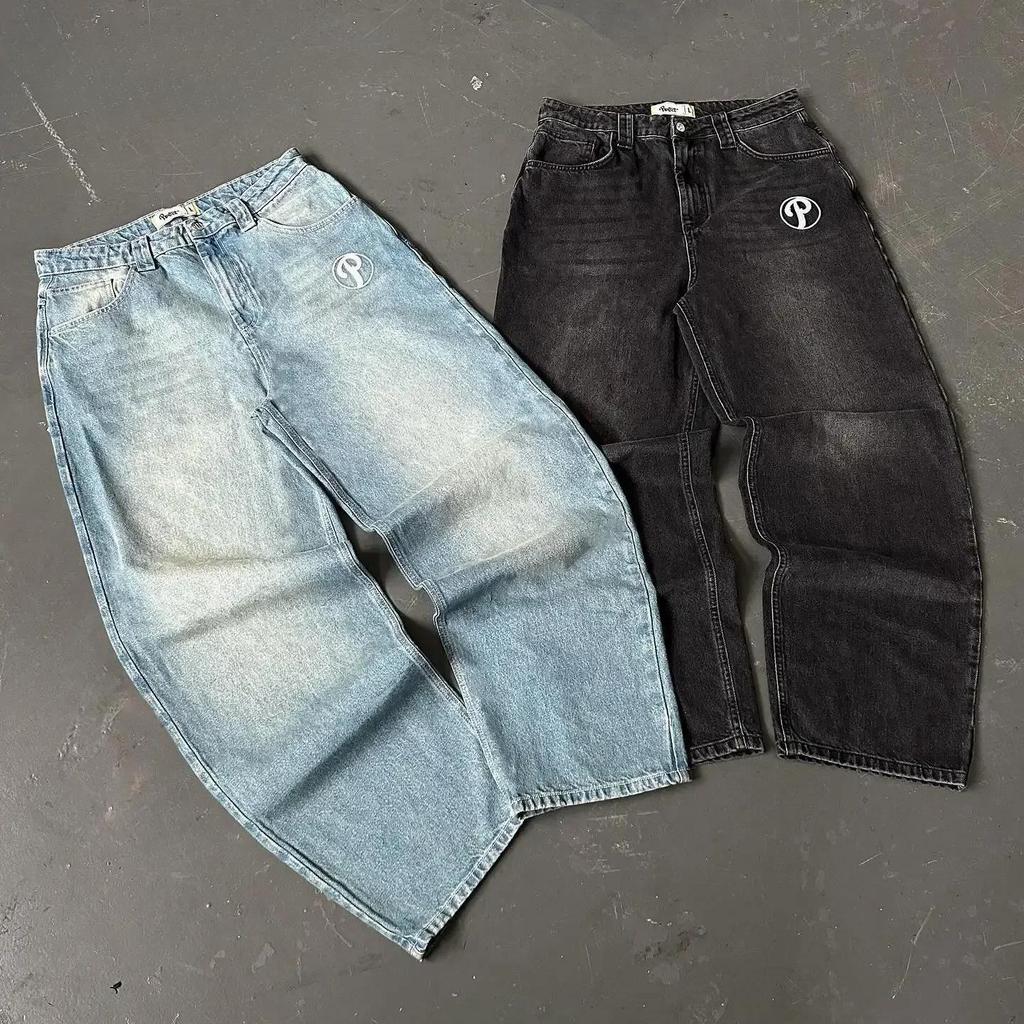 ZYLLO Streetwear Jeans Y2K Pantaloni Bărbați Harajuku Hip Hop Broderie Litere Albastru Vintage Jeans Largi Talie Înaltă Pantaloni Picior Lat
