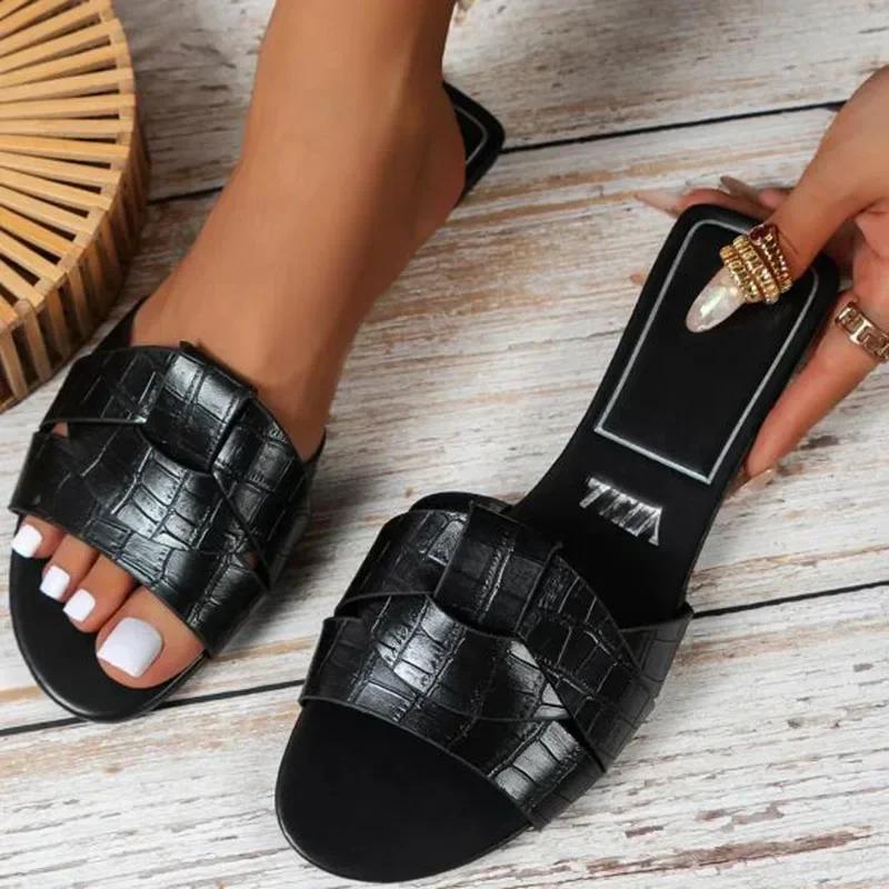 2025 Summer New Designer Traf Woman Flat New Slippers Woven with Comfortable Women's Shoes Casual Bottom Slippers Women's Shoes