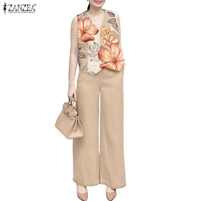 ZANZEA Women Floral Print Sleeveless Vest and Pants Summer Two Piece Suit Sets