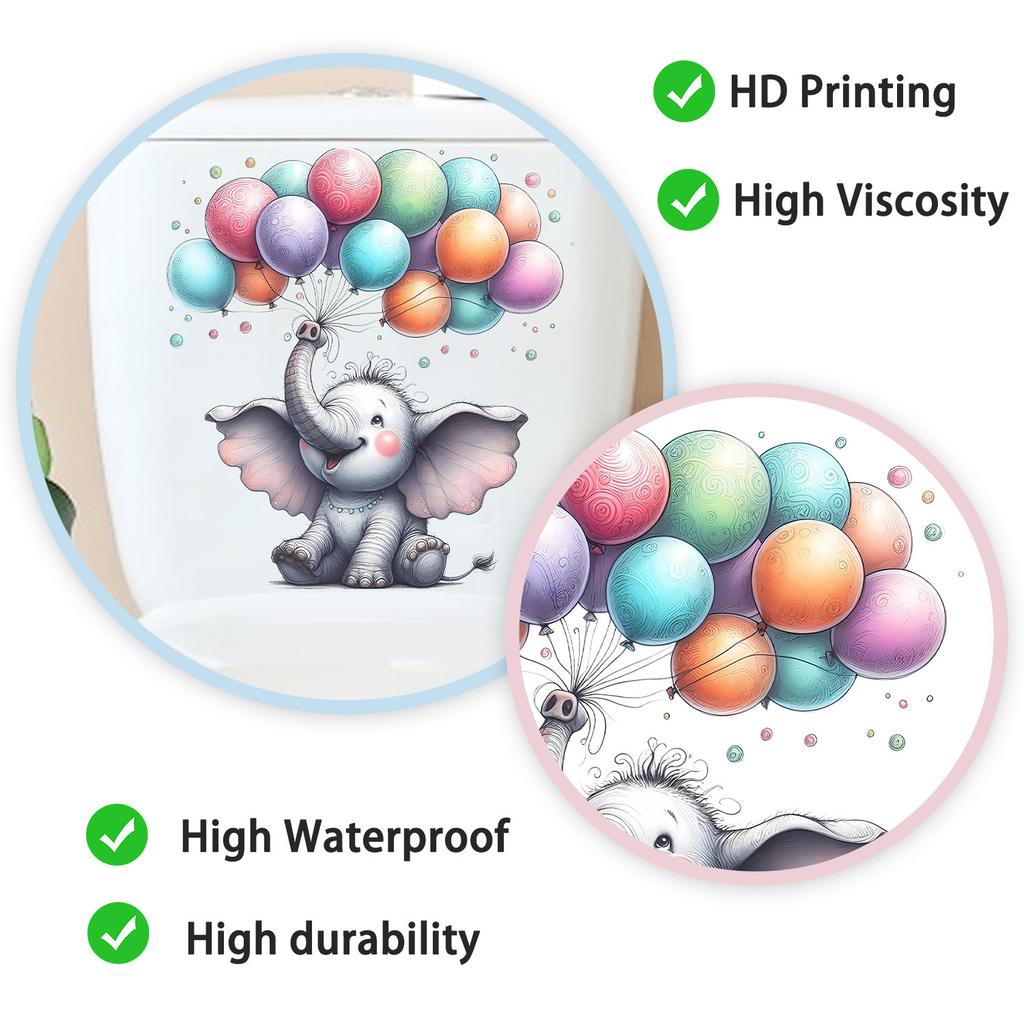 Watercolor Cartoon Elephant with Balloons Toilet Sticker Self-Adhesive Removable for Kids Bathroom Bedroom Decor