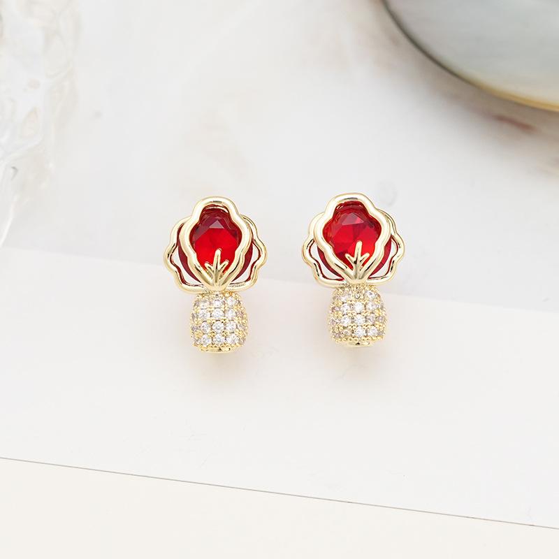 Zircon Cabbage Earrings Women'S Niche Design Sense Personalized Stud Earrings High-Grade Versatile Green Flower Earrings
