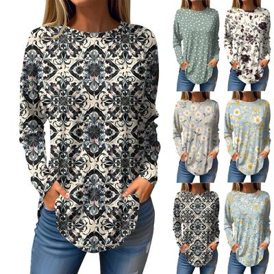 Women's Loose Casual Printed Round Neck Long Sleeved T Shirt Top Pullover Long Sleeved Sweatshirt