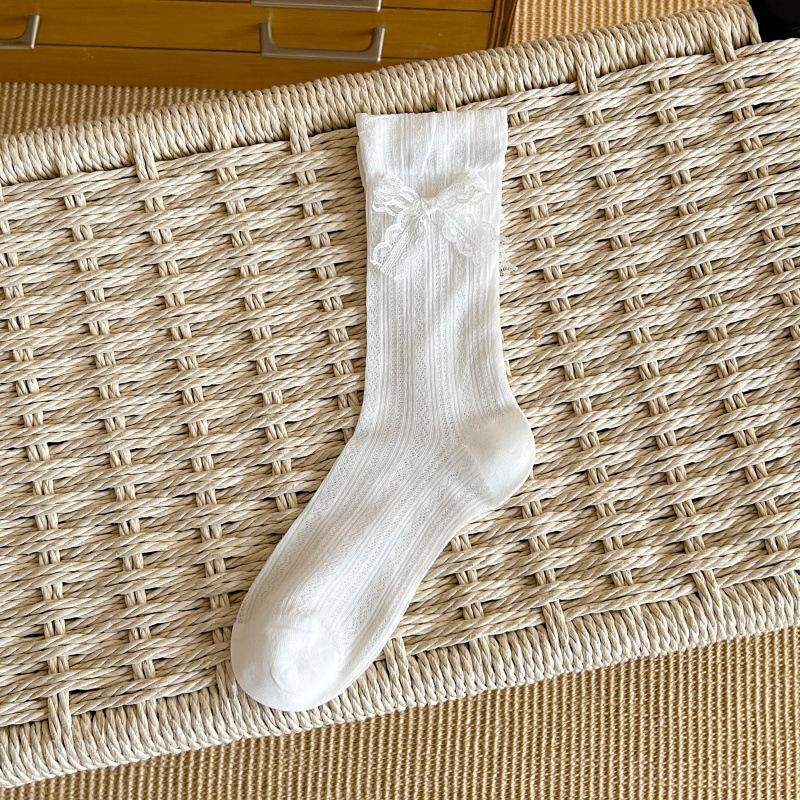 Summer Lightweight Stacked Socks for Children in Ballet Style, Featuring Lace, Bows and Flowing Ribbons, Without A Tube.