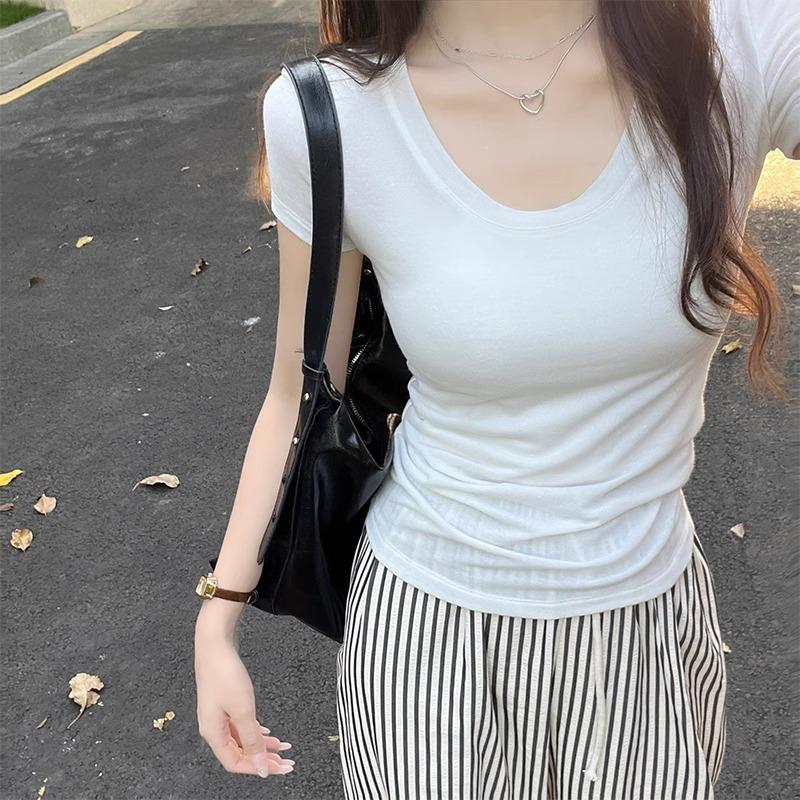 Red Low-neck Collarbone-exposed Short-sleeved T-shirt for Women In Summer New Style Tight-fitting Slimming Sexy Pure Lust Temperament Versatile Top