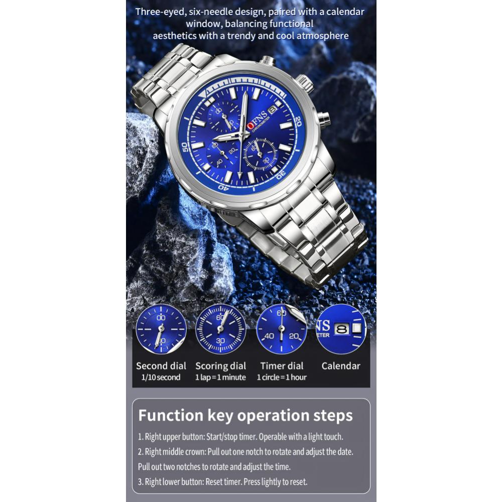 Men's Business and Leisure Watch with Three Eyes Six Needles Quartz Movement Night Light Display Waterproof Wristwatch