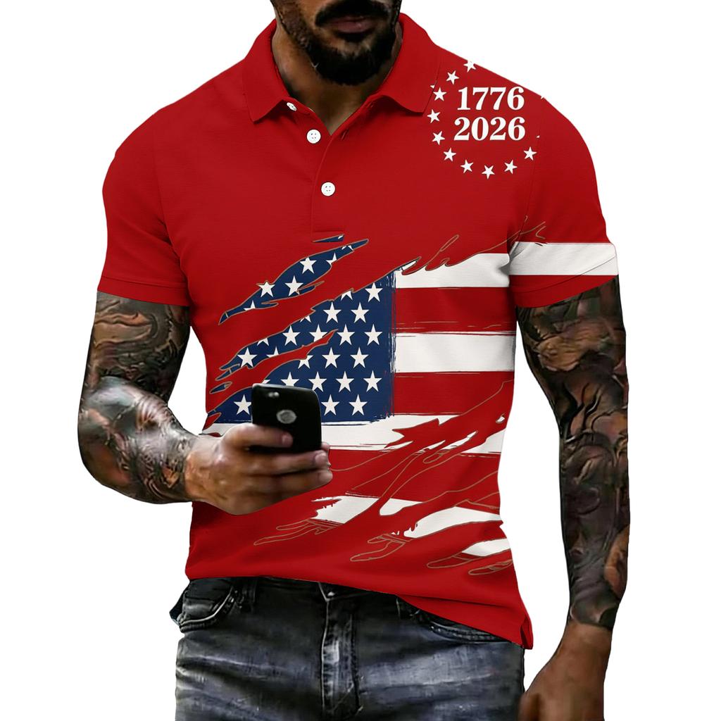 Men's Short Sleeve Polo Shirt 250th Anniversary Commemorative USA Flag Print Patriotic Sports Shirt 1776 to 2026 Celebration Apparel