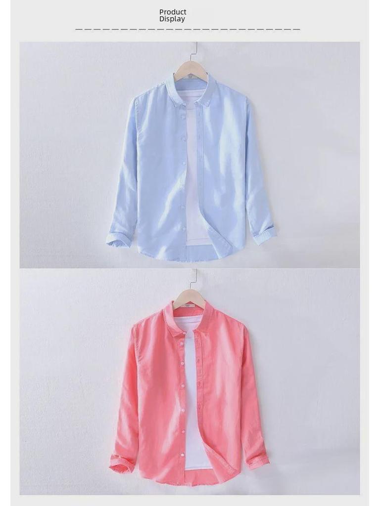 Men's White Long-Sleeve Linen Shirt - Casual Spring/Summer Lapel Style